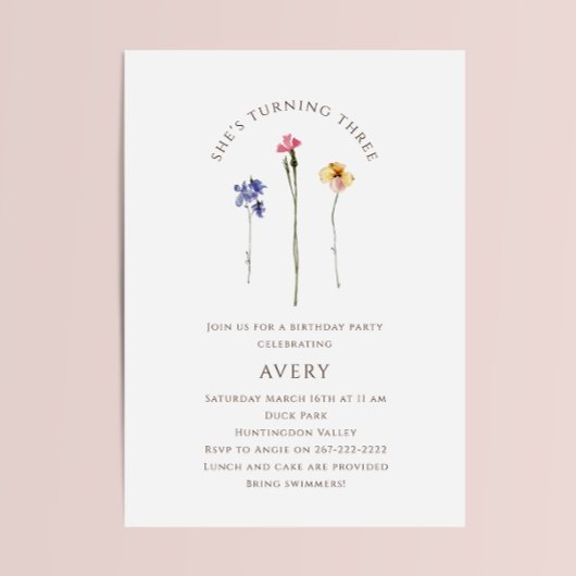 Invitation Fleur sauvage coloré Troisième fête d'anniversaire