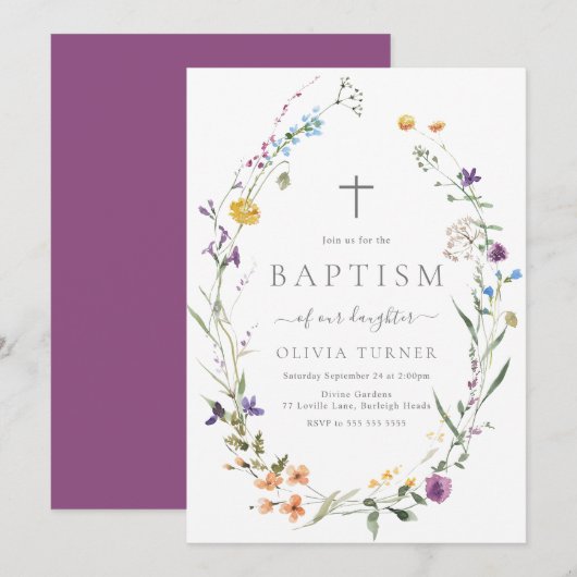 Invitation Fleur sauvage coloré Wreath Baby Baptême (Devant / Derrière)