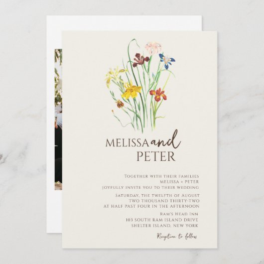 Invitation Fleur sauvage couleur Monogramme beige Mariage pho (Devant / Derrière)