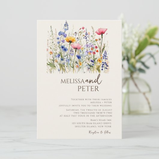 Invitation Fleur sauvage couleur Monogramme beige Mariage pho (Debout devant)