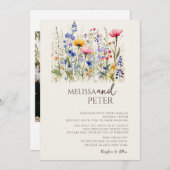 Invitation Fleur sauvage couleur Monogramme beige Mariage pho (Devant / Derrière)