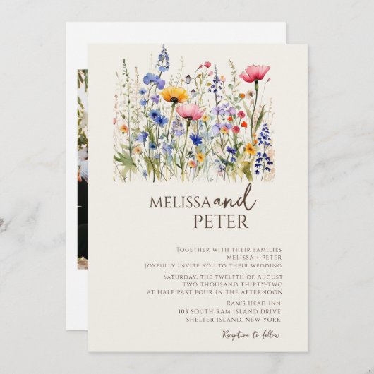 Invitation Fleur sauvage couleur Monogramme beige Mariage pho (Devant / Derrière)