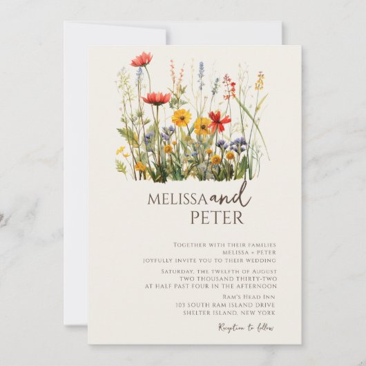 Invitation Fleur sauvage couleur Monogramme beige Mariage pho (Devant)