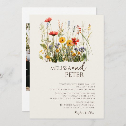 Invitation Fleur sauvage couleur Monogramme beige Mariage pho (Devant / Derrière)