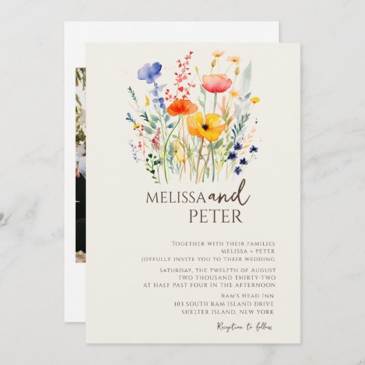 Invitation Fleur sauvage couleur Monogramme beige Mariage pho (Devant / Derrière)