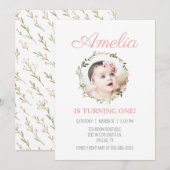 Invitation Fleur sauvage Dainty Pink Flower Photo Fille Anniv (Devant / Derrière)