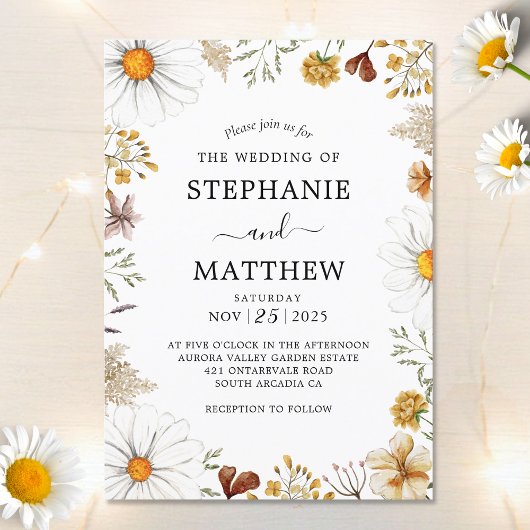 Invitation Fleur sauvage Daisies Botanique Mariage d'aquarell