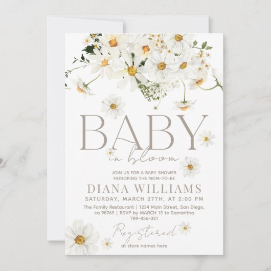 Invitation Fleur sauvage Daisy Boho bébé dans douche fleurie (Devant)