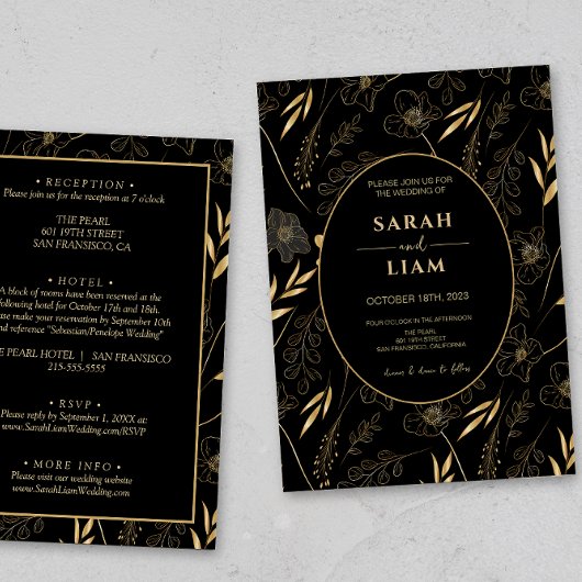 Invitation Fleur sauvage d'anémone noir et or tout en un Mari