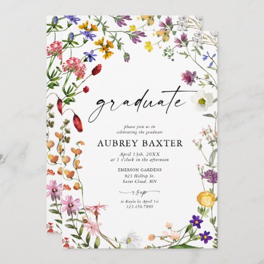 Invitation Fleur sauvage d'aquarelle (Devant / Derrière)