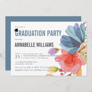 Invitation Fleur sauvage d'aquarelle gras Blue Graduation Par