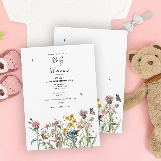 Invitation Fleur sauvage d'aquarelle Insectes Baby shower flo