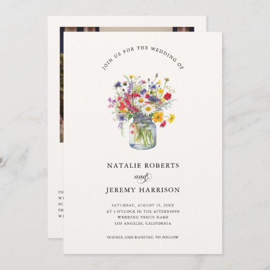 Invitation Fleur sauvage d'aquarelle Mason Jar Mariage rustiq (Devant / Derrière)