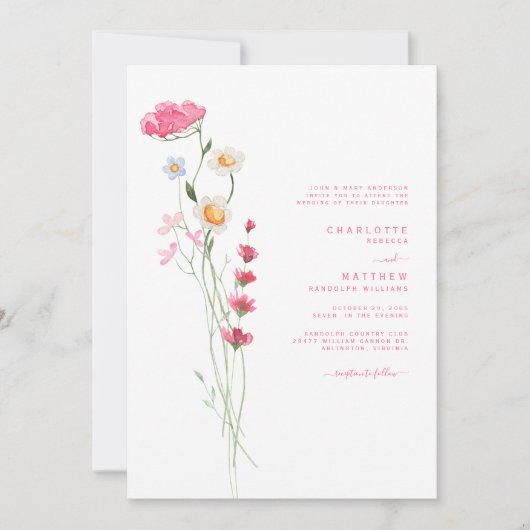 Invitation Fleur sauvage d'aquarelle rose chaud Mariage II (Devant)