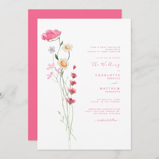Invitation Fleur sauvage d'aquarelle rose chaud Mariage moder (Devant / Derrière)