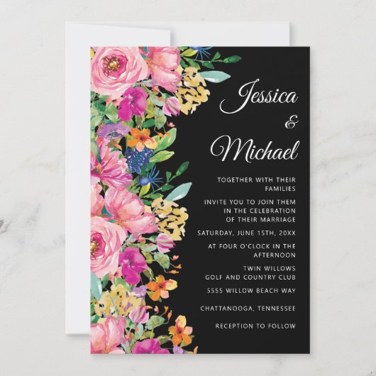 Invitation Fleur sauvage d'aquarelle rose noir (Devant)