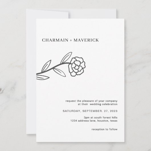 Invitation Fleur sauvage d'art en ligne Boho Mariage noir et (Devant)