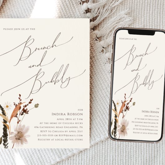 Invitation Fleur sauvage d'automne Boho | Brunch beige et mou