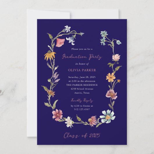Invitation Fleur sauvage de la couronne bleu foncé Boho Fête (Devant)