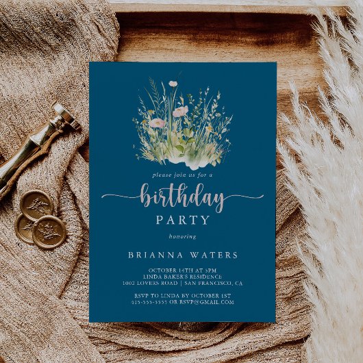 Invitation Fleur sauvage de la marine Boho de verdure