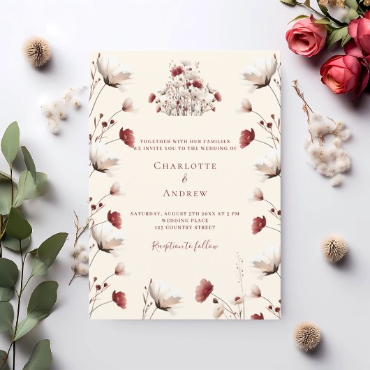 Invitation Fleur sauvage de l'automne burgundy crème mariage 