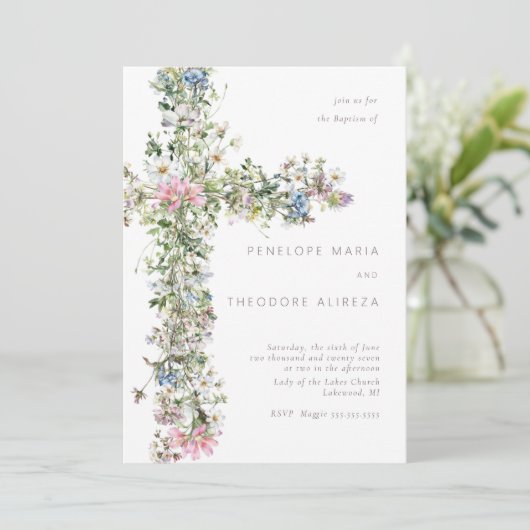 Invitation Fleur sauvage de prairie croix Baptême Baptême Ble (Debout devant)