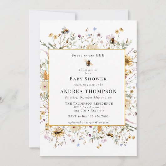 Invitation Fleur sauvage de printemps | Baby shower d'abeille (Devant)