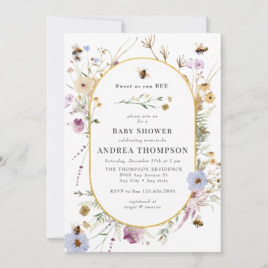 Invitation Fleur sauvage de printemps | Baby shower d'abeille (Devant)