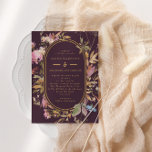 Invitation Fleur sauvage  de trame de Boho d'automne Mariage<br><div class="desc">Un riche faire-part de mariage de style boho,  parfait pour l'automne,  avec fleurs sauvages et feuilles mauves d'aquarelle autour d'un cadre en forme de pilule or,  sur un arrière - plan prune/aubergine foncé. Le verso est composé d'un motif de fleurs sauvages d'aquarelle sur un arrière - plan d'aubergine sombre.</div>