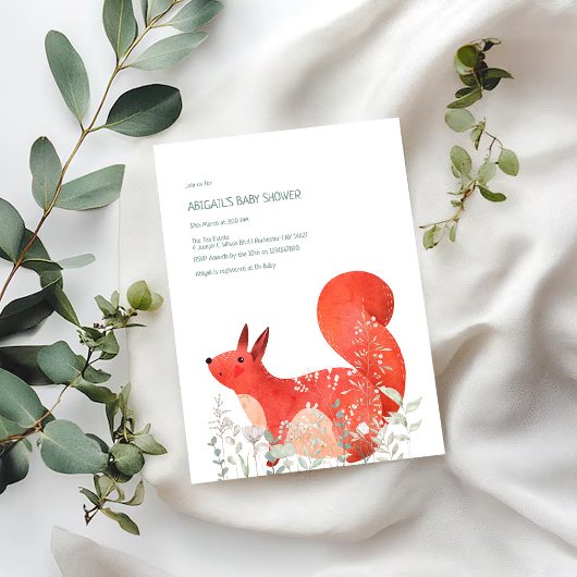 Invitation Fleur sauvage d'écureuil rouge mignon Baby shower 