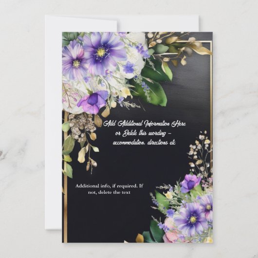 Invitation Fleur sauvage d'été élégant noir violet aquarelle (Dos)