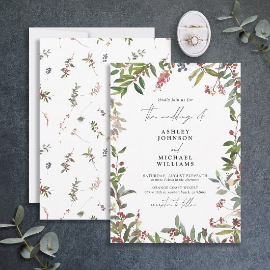 Invitation Fleur sauvage d'hiver Berry Mariage aquarelle