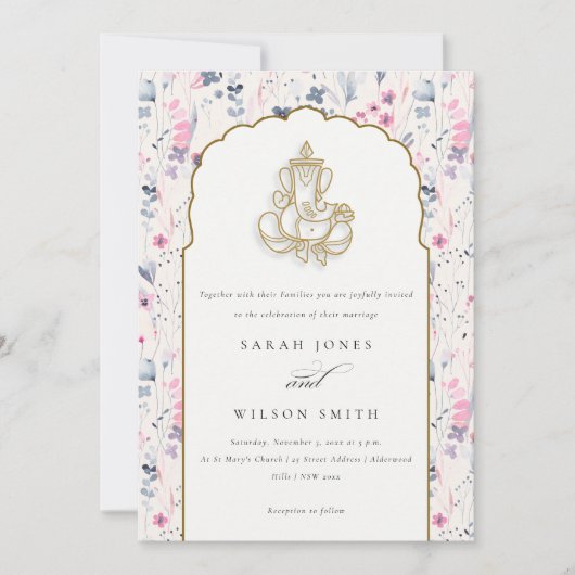 Invitation Fleur sauvage d'or Blush Ganesh Mariage indien (Devant)