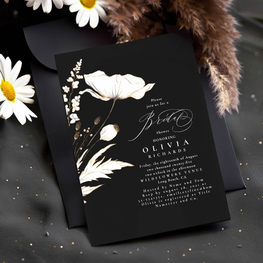 Invitation Fleur sauvage d'or noir Elegant Fête des mariées c