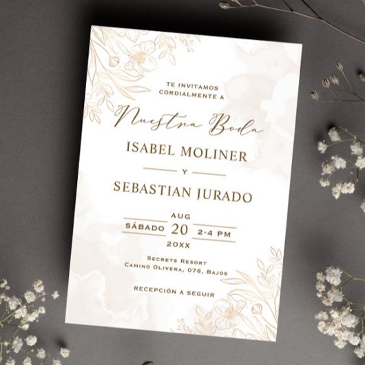Invitation Fleur sauvage d'or Nuestra Boda Mariage espagnol