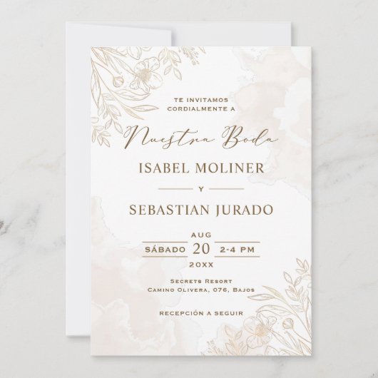 Invitation Fleur sauvage d'or Nuestra Boda Mariage espagnol (Devant)