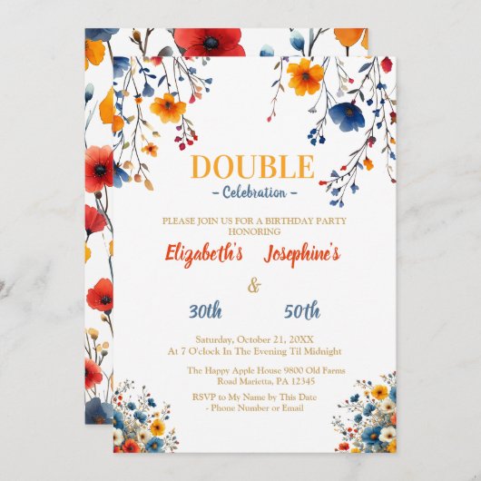 Invitation Fleur sauvage double fête d'anniversaire (Devant / Derrière)