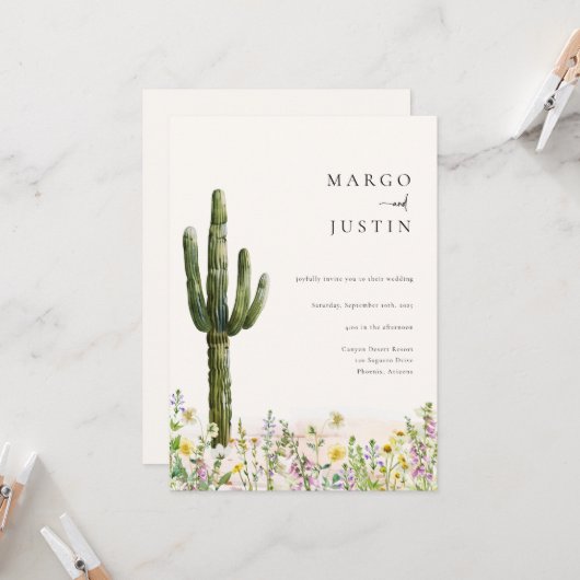 Invitation Fleur sauvage du désert Cactus Mariage (Devant/Arrière en situation)