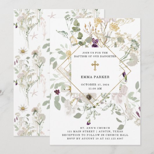 Invitation Fleur sauvage du matin | Baptême géométrique or (Devant / Derrière)