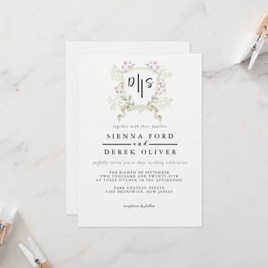 Invitation Fleur sauvage Dusky Monogram Crest Mariage (Devant/Arrière en situation)