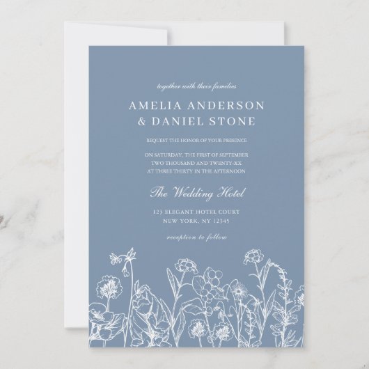 Invitation Fleur sauvage Dusty Blue Botanical QR Code Mariage (Devant)