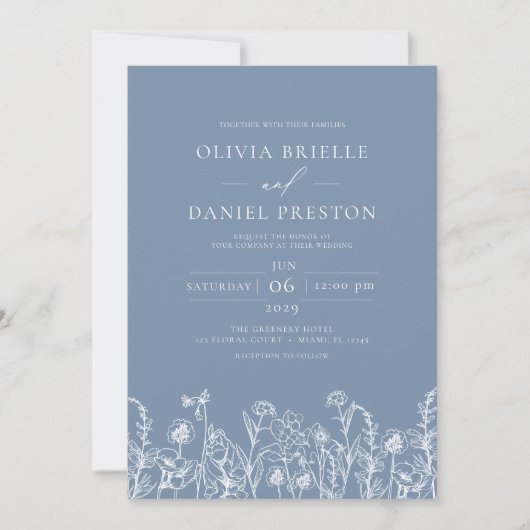 Invitation Fleur sauvage Dusty Blue Botanical QR Code Mariage (Devant)