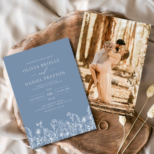Invitation Fleur sauvage Dusty Blue Photo Mariage botanique