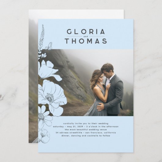 Invitation Fleur sauvage Elegant Dusty Blue Mariage photo (Devant / Derrière)