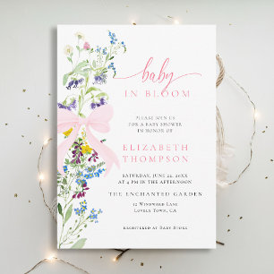 Invitation Fleur sauvage en Fleur Pink Bow Girl Baby shower