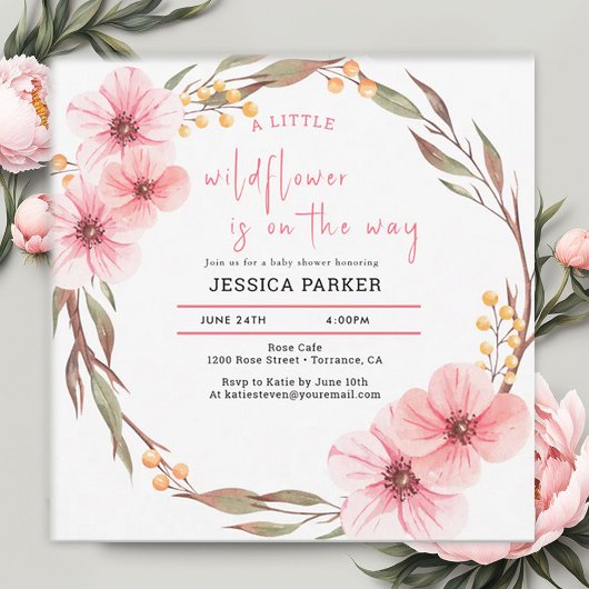 Invitation Fleur sauvage est sur le chemin Baby shower rose