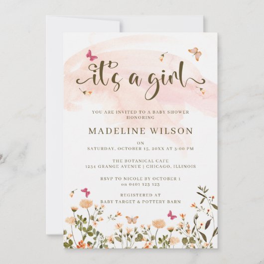 Invitation Fleur sauvage et papillons | Baby shower élégant (Devant)