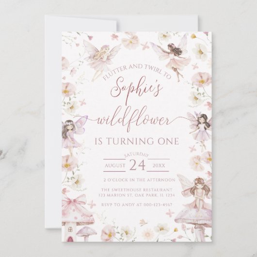 Invitation Fleur sauvage Fairy 1er fête d'anniversaire (Devant)
