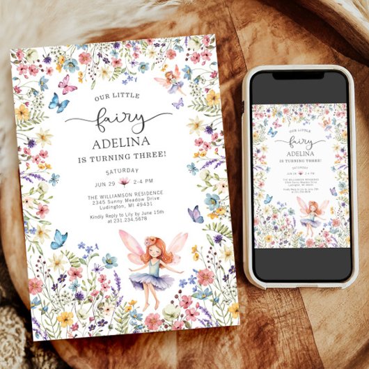 Invitation Fleur sauvage Fairy Butterfly 3ème anniversaire In