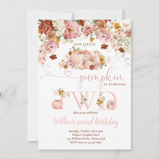 Invitation Fleur sauvage Fall Floral Rustic Citrouille 2e ann (Devant)